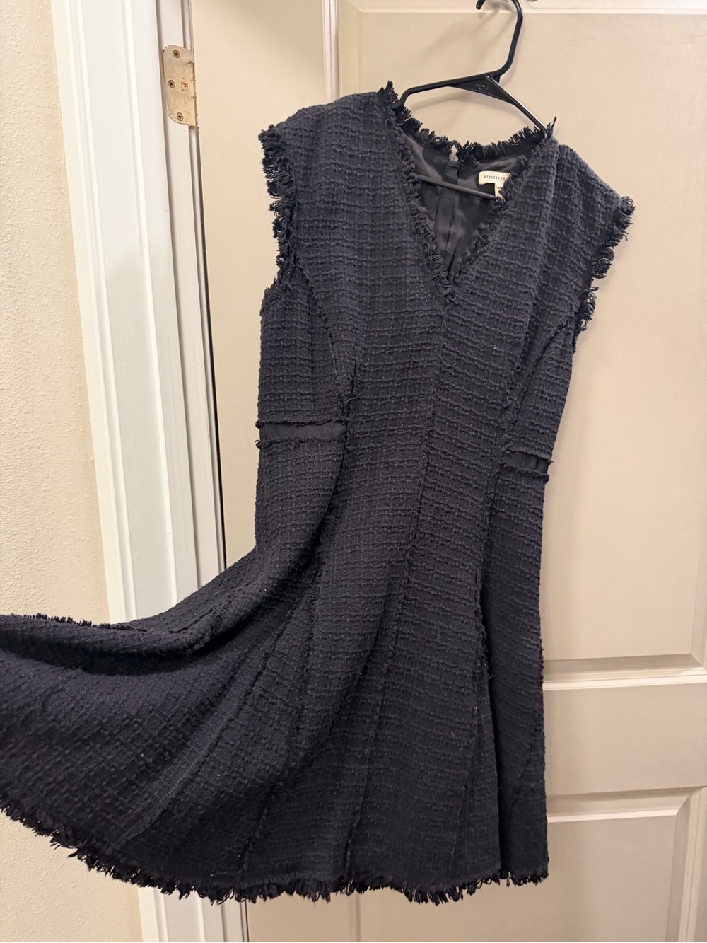 Rebecca Taylor Black Textured Fringe V-Neck Midi Dress